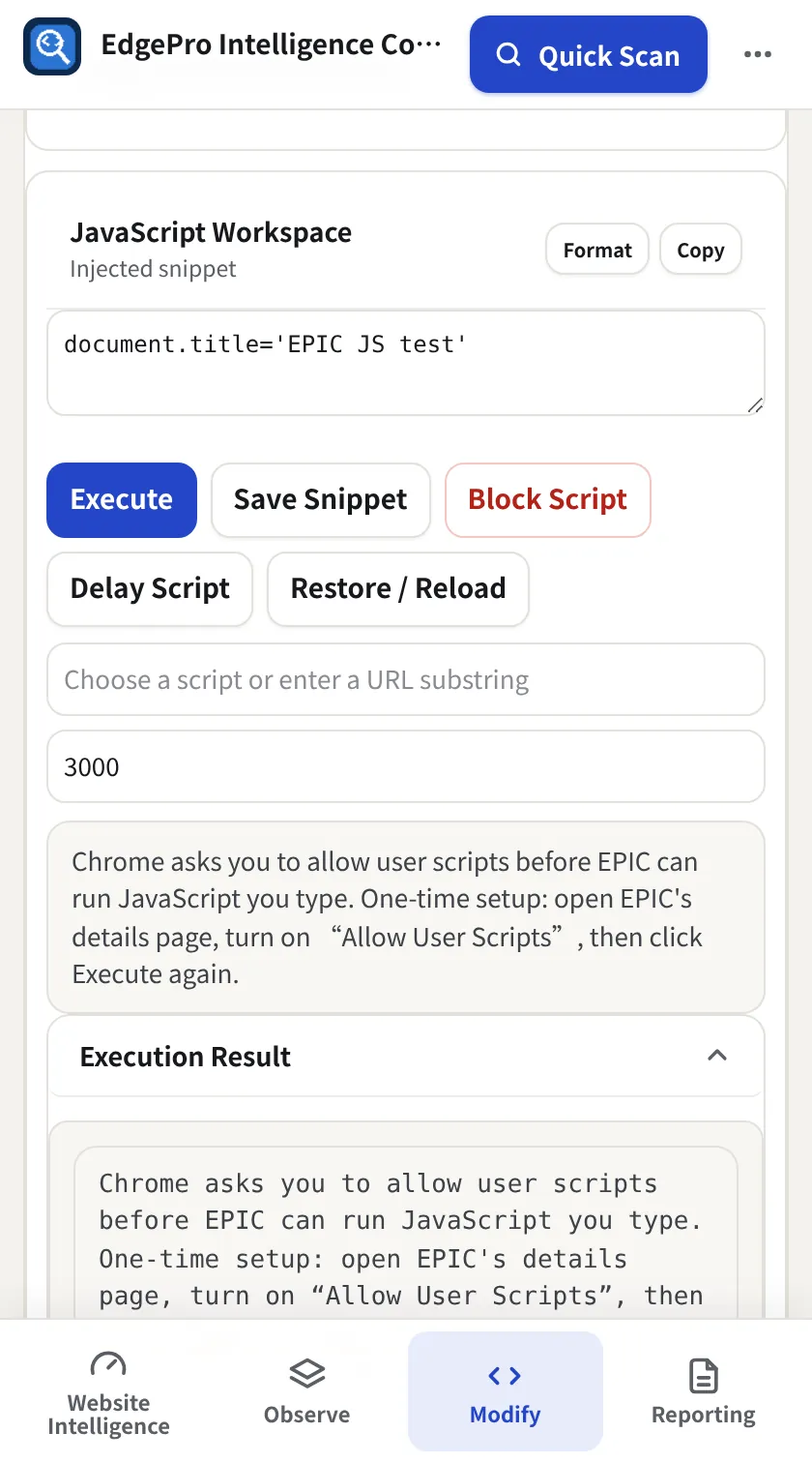 Allow user scripts (first time only), EPIC screenshot