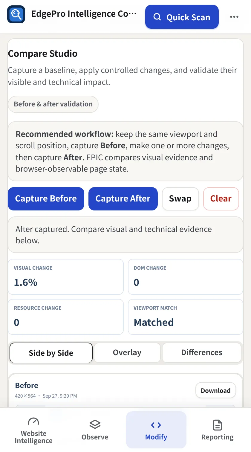 Compare before and after, EPIC screenshot
