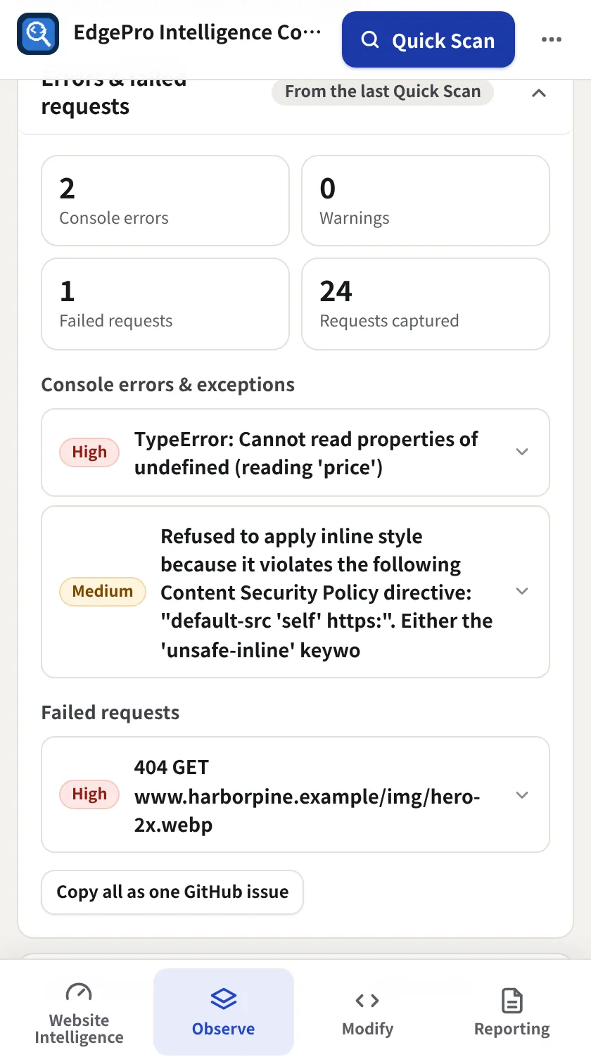 Console errors and failed requests