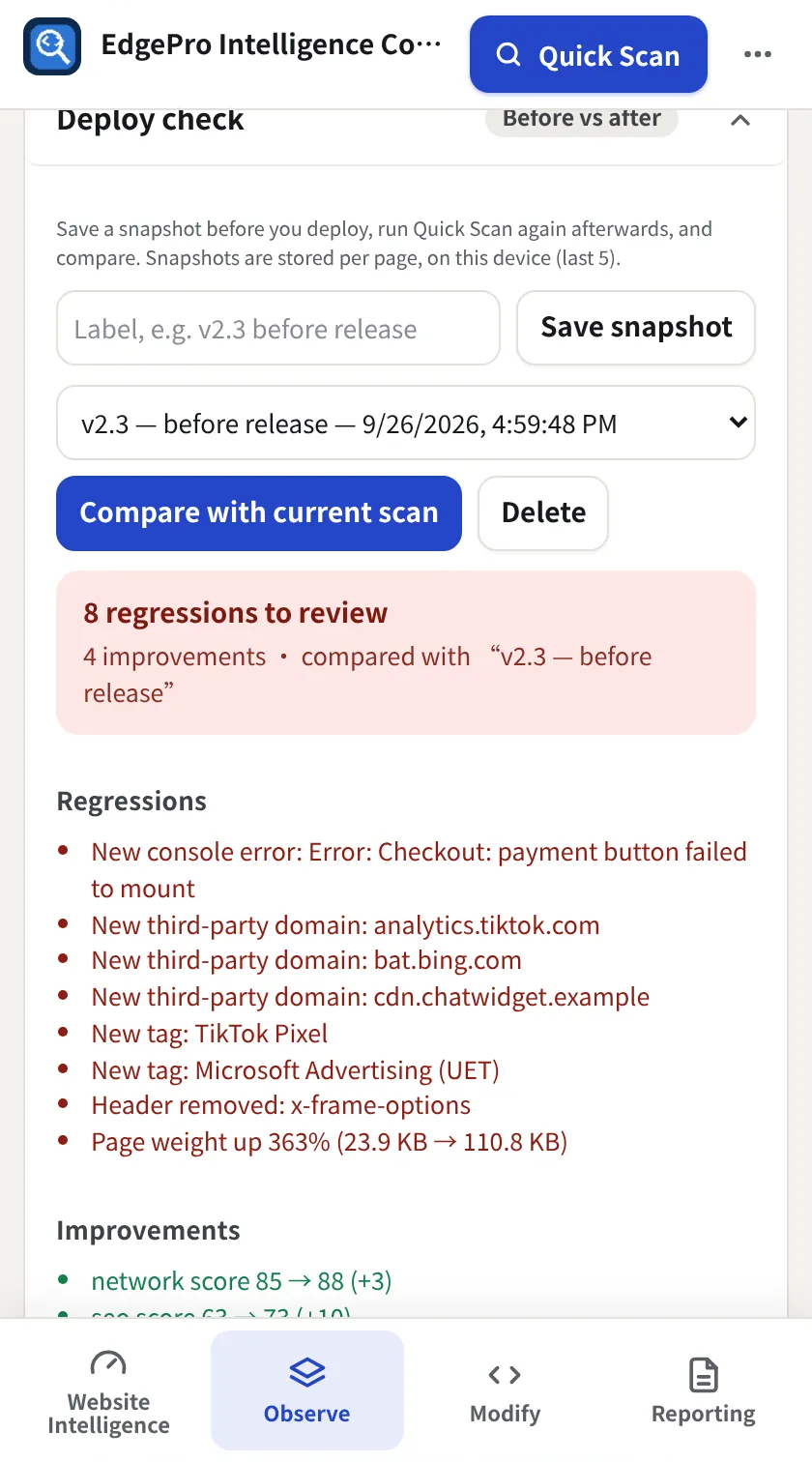 Deploy check before vs after