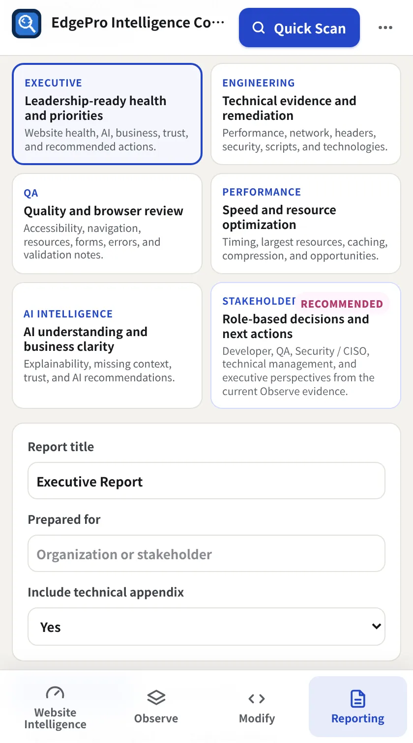EPIC Report Center with six report types