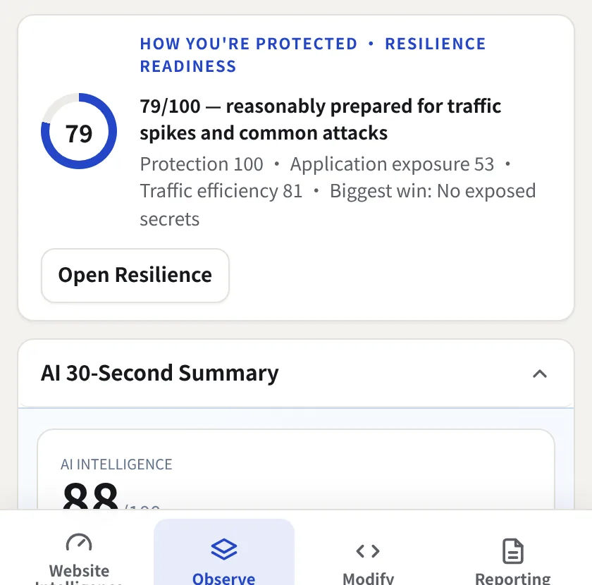 Resilience readiness score with protection, exposure and efficiency