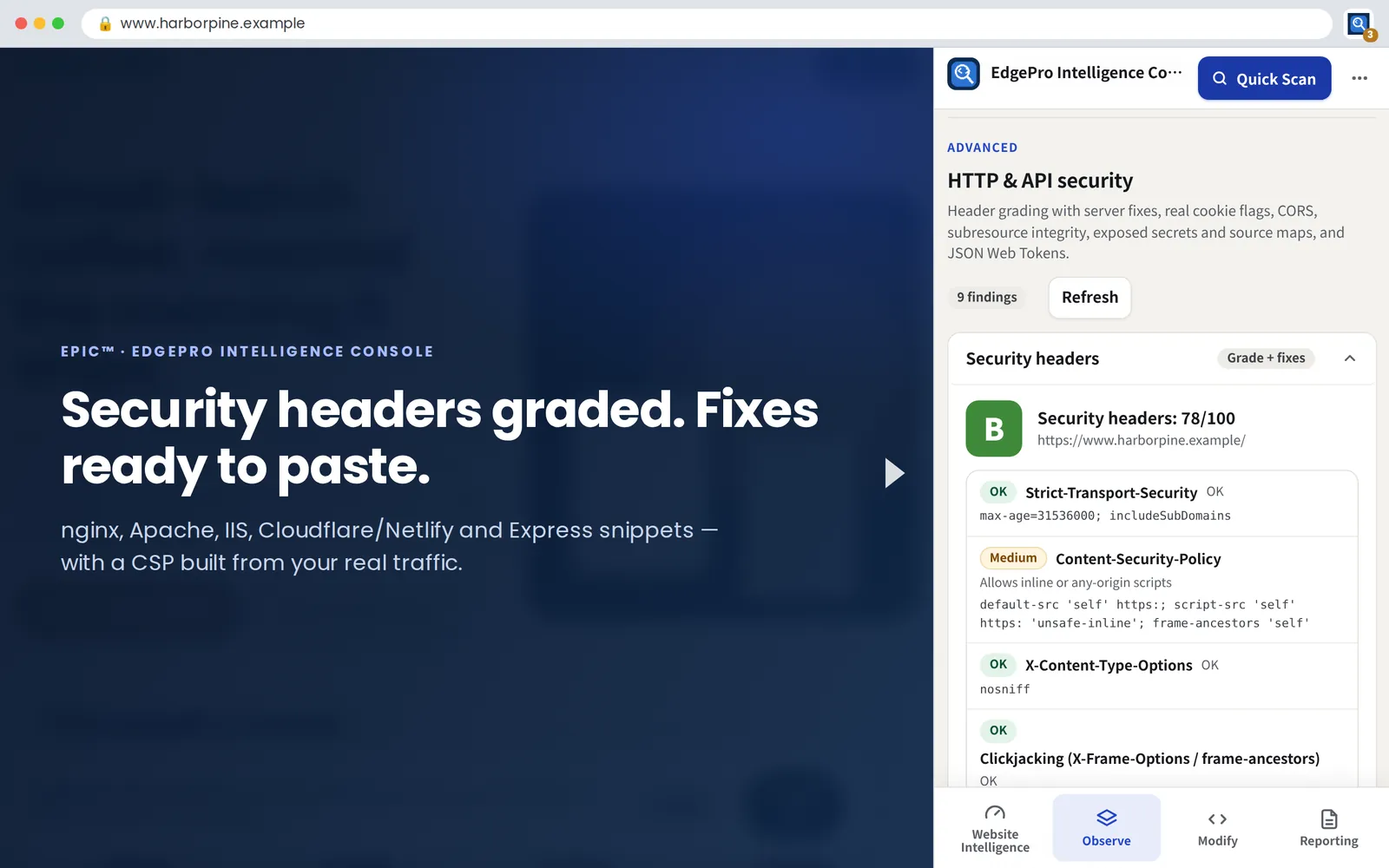 Security headers graded, fixes ready to paste